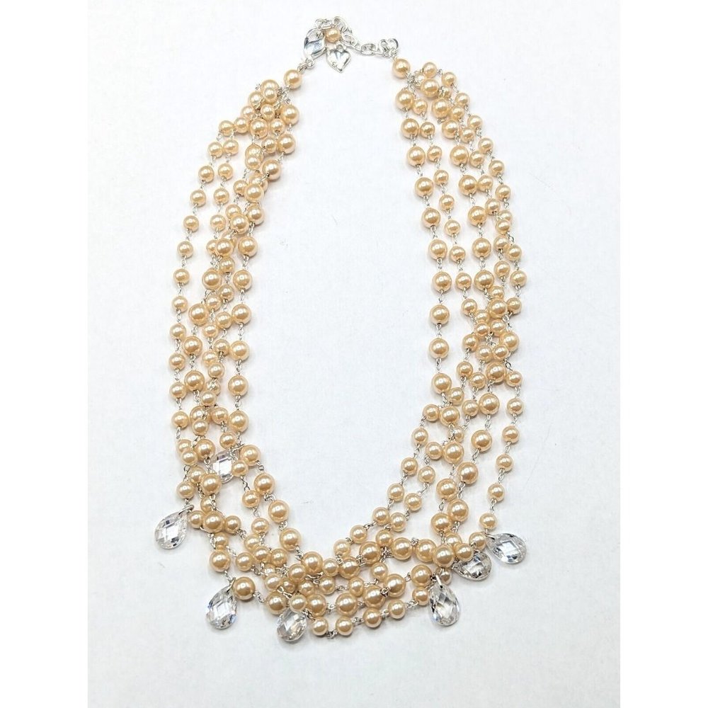 Carolee Faux Pearl Bead Multi Strand Layered Clear Faceted Teardrop Necklace